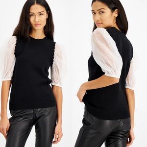 Scalloped Organza-Sleeve Sweater, size M